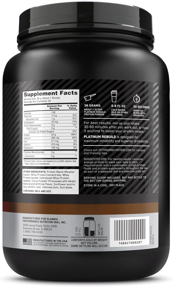Optimum Nutrition Platinum Rebuild Premium Platinum Blend Protein Powder with Creatine Monohydrate Dark Chocolate 20 Servings
