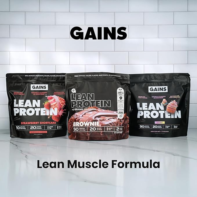 Gains in Bulk Lean Protein Powder With Collagen Peptides Gluten Free Grass Fed Whey 20 G Protein &amp 5 G Collagen Plant Enzymes to Support Digestion Natural Flavor Strawberry Shortcake 27 Serv