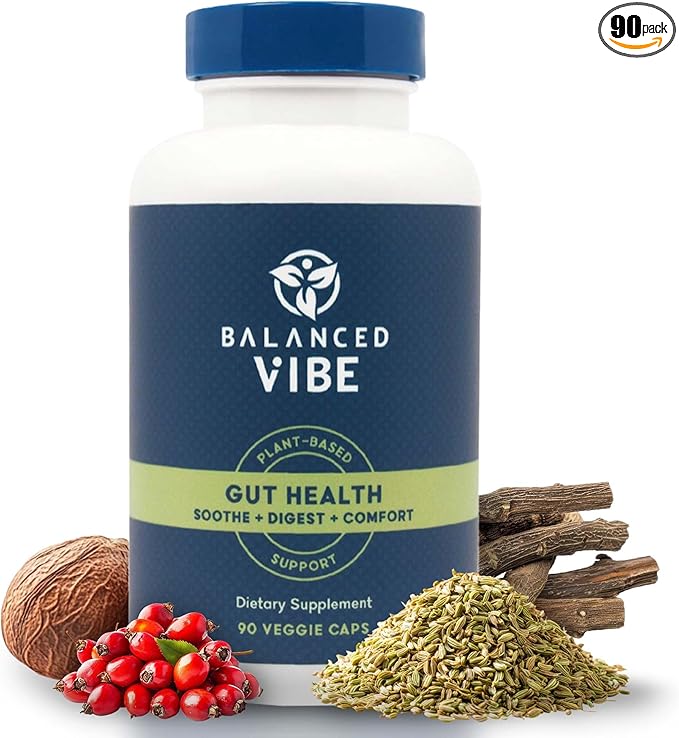 Balanced Vibe Gut Health Supplement – Digestive Comfort &amp Gut Support for Better Nutrient Absorption – Plant-Based with L-Glutamine and Triphala – Vegan 90 Capsules
