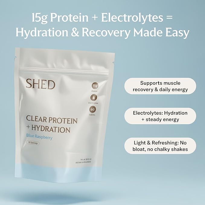 Clear Protein Powder with Electrolytes by Shed 15g Whey Protein Isolate Low Calorie and Lactose Free Light and Clean Hydration Drink Bloat-Free Post Workout Supplement Blue Razz (15 Servings)