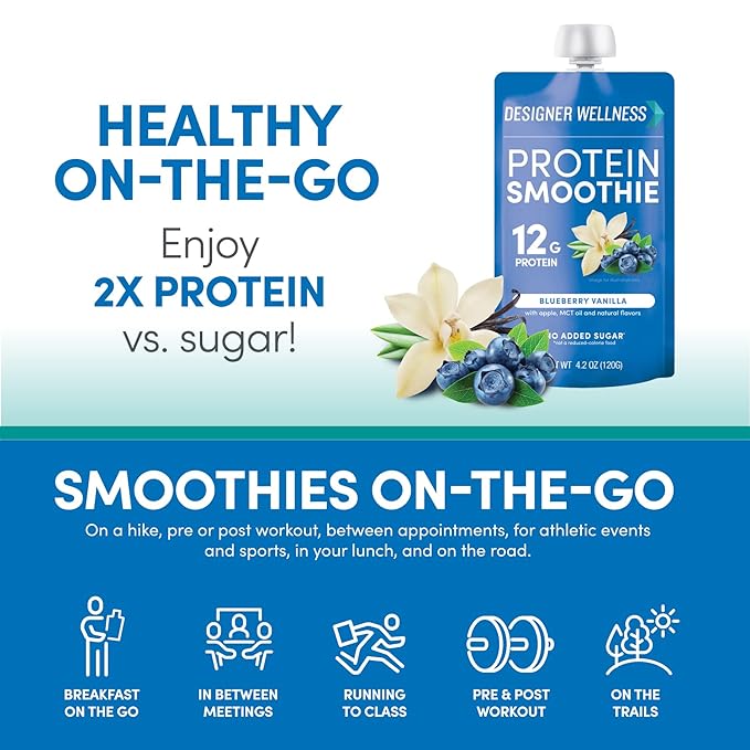 Designer Wellness Protein Smoothie Real Fruit 12g Protein Low Carb Zero Added Sugar Gluten-Free Non-GMO No Artificial Colors or Flavors Blueberry Vanilla 12 Count