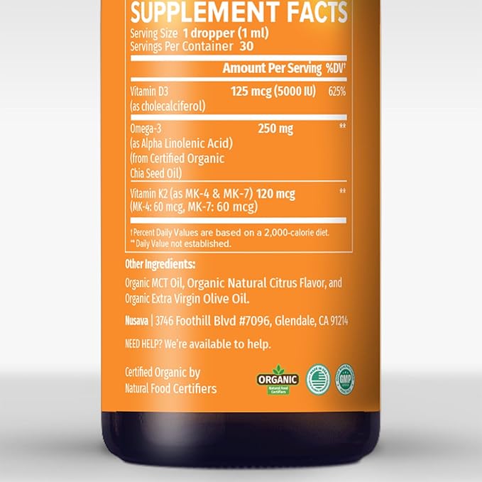 (2 Pack) Organic Vitamin D3 K2 Drops with MCT Oil Omega 3 5000 IU Maximum Strength Vitamin D Liquid No Fillers Non-GMO Liquid D3 for Faster Absorption Immune Support (Citrus Flavor 2 Fl Oz)