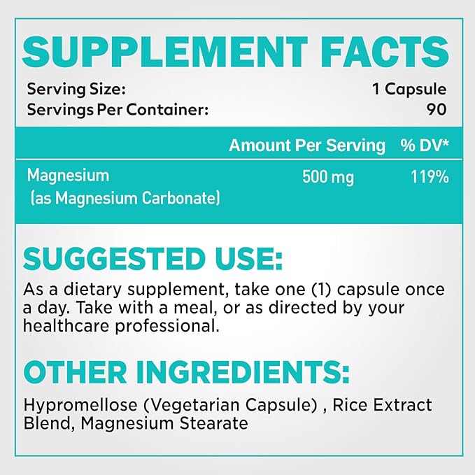 Magnesium Carbonate 500mg High Absorption Supplement for Digestive Health Muscle &amp Nerve Function 3 Month Supply Vegan Non-GMO Gluten-Free 90 Capsules