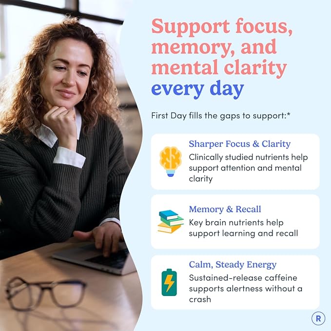 FIRST DAY Women’s Brain Gummies for Focus Memory &amp Clarity | Cognizin® Citicoline + Phosphatidylserine | Natural Sustained Energy Peach Flavor Vegan Non-GMO | 30-Day Supply