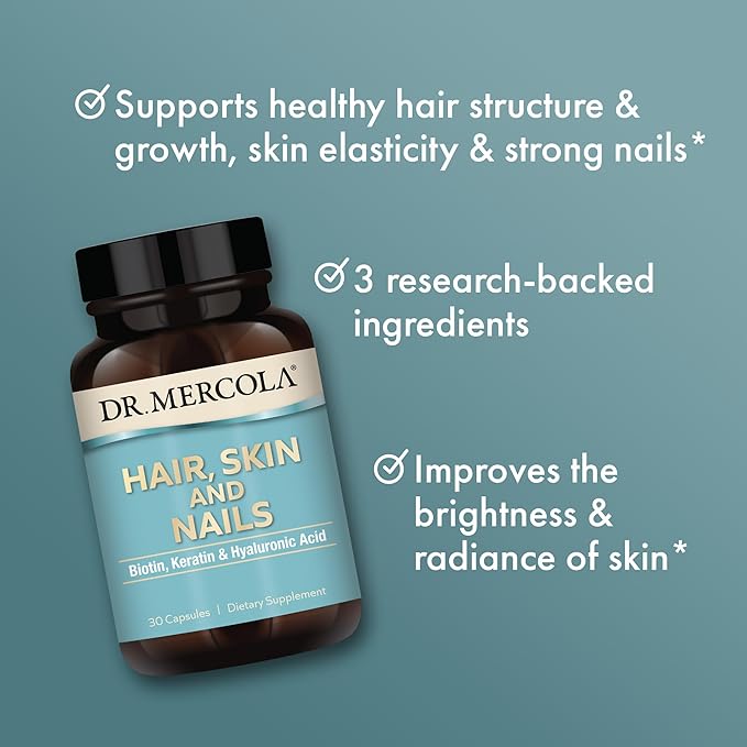 Dr. Mercola Hair Skin and Nails - Provides Biotin Keratin &amp Hyaluronic Acid - Premium Quality - Supports Healthy Aging - Non-GMO Gluten-Free &amp Soy-Free - 30 Capsules (3 Pack)