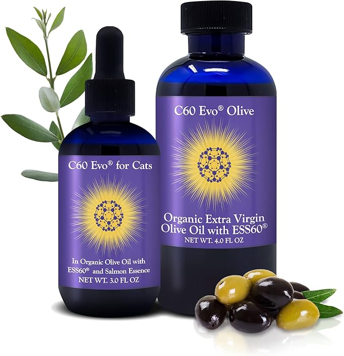 C60 Evo Cat Lover Set 2 Bottles of Pure ESS60 in Extra Virgin Olive Oil 1 for Humans and 1 for Felines Cat Supplements Infused with Natural Salmon Essence Must-Have Pet Supplies and Cat Products