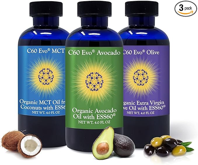 All-Natural Edible Oils 4oz Sampler Set with Pure C60 ESS60 Immune Support and Joint Support Supplement with Olive Oil Avocado Oil &amp MCT Coconut Oil Set of 3 4 oz