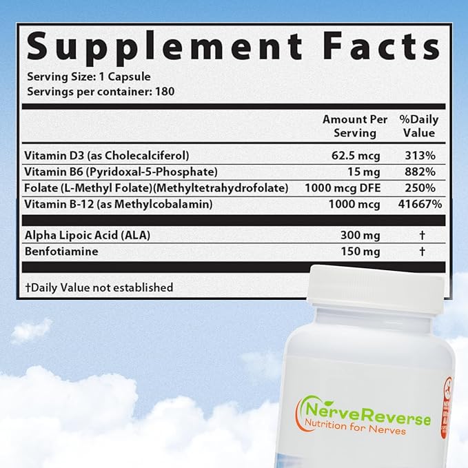 NerveReverse Neuropathy Support Formula-Alpha Lipoic Acid 600mgExtra Strength Benfotiamine B12 B9 B6 and D3 - Nerve Energy and Metabolism Support-Vegan-180 Capsules 3 Months