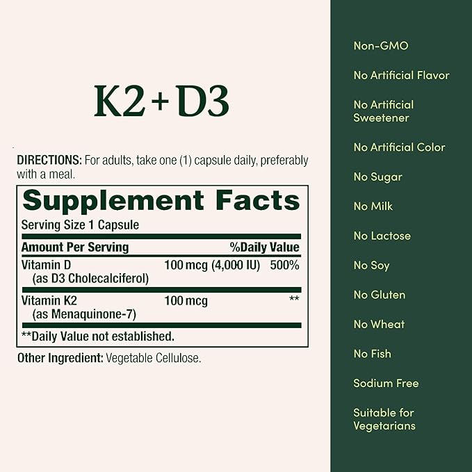 Nature's Bounty Vitamin D3 K2 Supplement 4000 IU D3 Plus 100 mcg of Vitamin K Supplements for Adults for Heart &amp Bone Health Support 60 Day Supply 60 Vegetarian Capsules (Pack of 3)