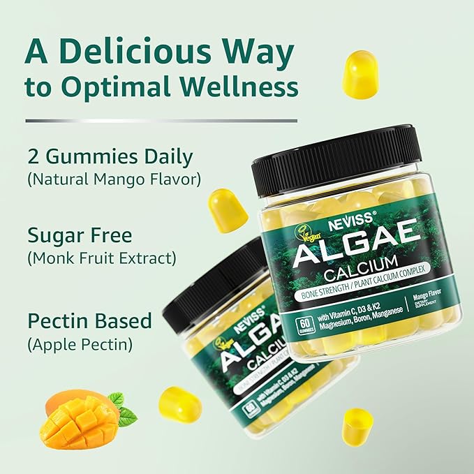 Calcium Gummies for Women + Magneisum Vitamin D3 K2 C Zinc Boron Sustainable Algae (3rd Party Tested) for Bone Strength Nerve Calcium Absoption Sugar Free Calcium Supplement Vegan 60 Counts