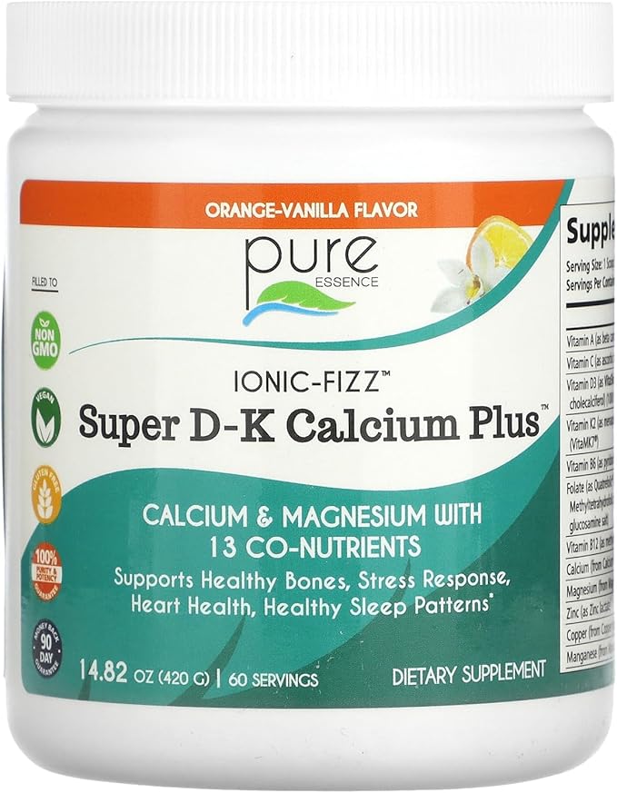Ionic Fizz Super D-K Calcium Plus by Pure Essence - with Extra Magnesium Vitamin D3 Vitamin K2 - Orange Vanilla - 14.82oz