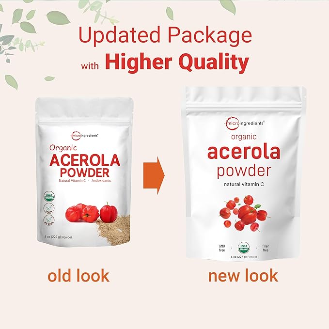 Organic Acerola Powder 8oz | Natural Organic Vitamin C Superfood | No Sugar &amp Additives | Great Flavor for Drinks Smoothie &amp Beverages | Non-GMO &amp Vegan Friendly Brazil Origin