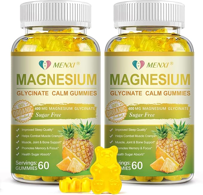 Magnesium Glycinate Gummies 400mg Sugar Free Magnesium TaurateMagnesium Malate Supplement with Vitamin D B6 CoQ10 for Relaxation Stress Relief Muscle Bone &amp Sleep Support-120 Pineapple Gumm