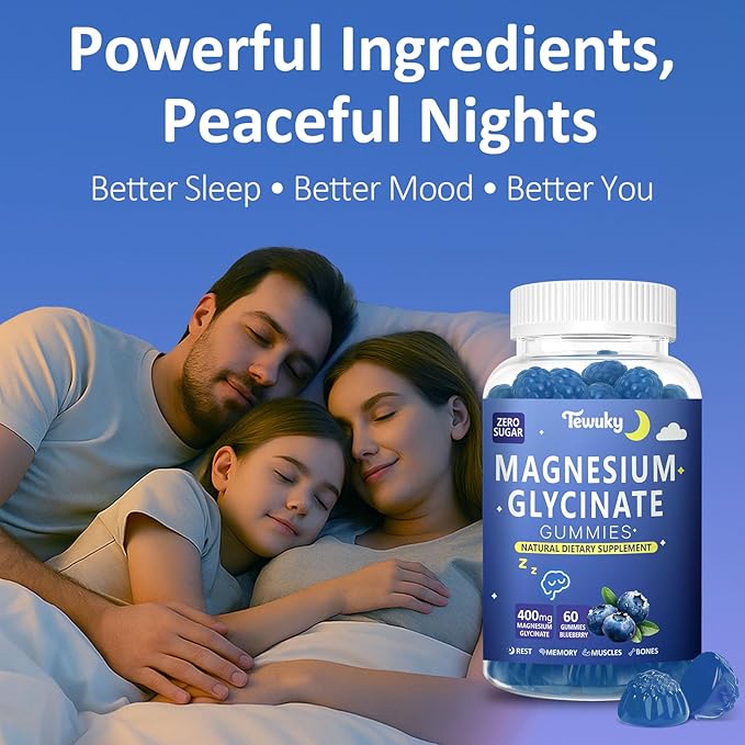 Magnesium Glycinate Gummies 400mg - Sugar Free Vegan Gummies for Adults &amp Kids with Vitamin D3 B6 C CoQ10 Collagen Zinc - Sleep Muscle Bone &amp Memory Support - 60 Blueberry Chewables / 2