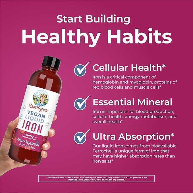 MaryRuth's MaryRuth's Liquid Morning Multivitamin +Hair Growth (Peach Mango 15.22oz) &amp Iron Liquid (Berry) | Clean Label Project Verified® | Beauty Immunity &amp Overall Health | Vegan Non-GM