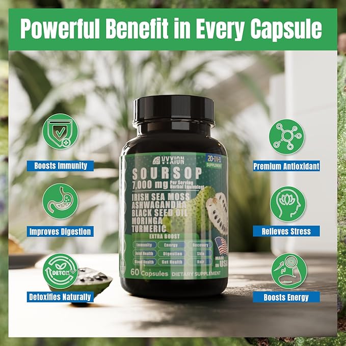 Soursop Graviola Supplement with Sea Moss Moringa Turmeric Black Seed Oil Oregano Ashwagandha | 20-in-One Herbal extracts for Overall Health-Enhancing | Vegan Non-GMO | 60 Capsules
