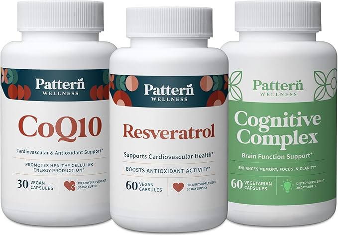 Pattern Wellness Healthy Aging Bundle - CoQ10 Resveratrol Cognitive Complex - Promotes Timeless Health &amp Wellness - 3 Pack All-Natural Vegan-Friendly Formulas