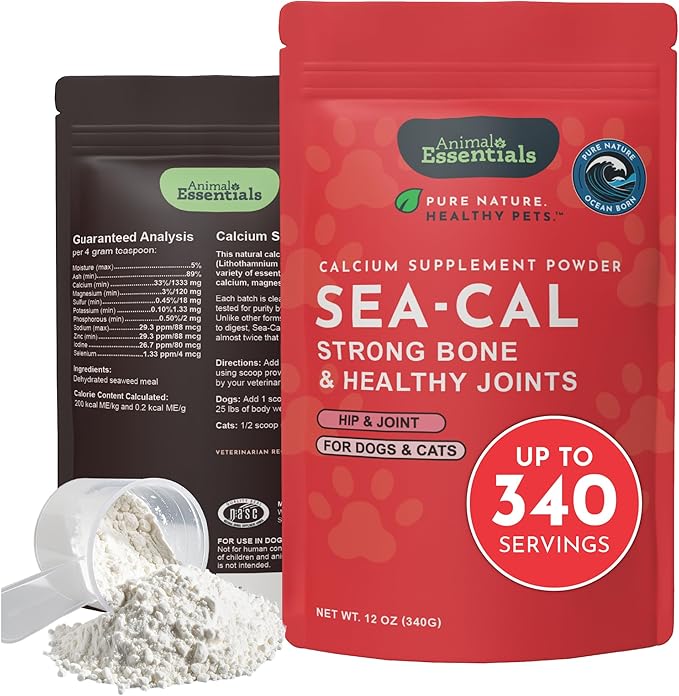 Animal Essentials Sea-Cal - Pure Seaweed Calcium Powder for Dogs with Magnesium Joint Supplement for Dogs &amp Cats for Healthy Bones &amp Teeth Joint Health Vegan Icelandic Seaweed Calcium - 12