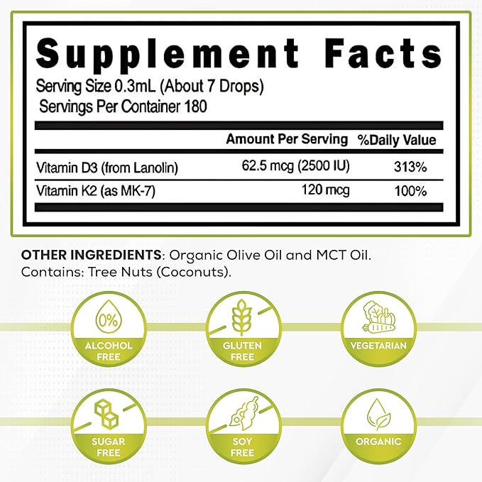 Vitamin D3 + K2 (MK-7) Liquid Drops with MCT Oil &amp Olive Oil - Vegetarian Non-GMO Soy-Free Gluten-Free Alcohol-Free 1 Bottle 2 Fl Oz (60 ml) - 180 Servings (2500 IU per Serving)