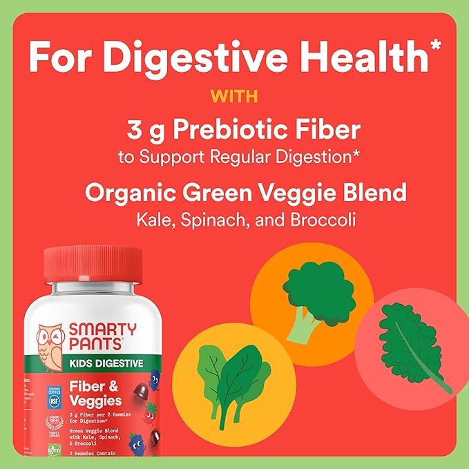 SmartyPants Kids Digestive &amp Immune Support Bundle: Fiber &amp Veggies + Elderberry Gummies with Prebiotic Fiber Vitamins C D3 B12 &amp Zinc – Gluten Free Non-GMO 60 Count Each (Pack of 2)