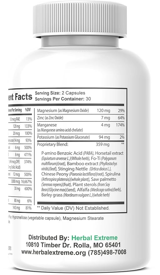 Divinity Hair Skin and Nails 60 Capsules 5000 mcg Biotin P-amino Benzoic Acid Horsetail extract Fo-Ti Bamboo extract Stinging Nettle Chinese Peony Spirulina Saw palmetto
