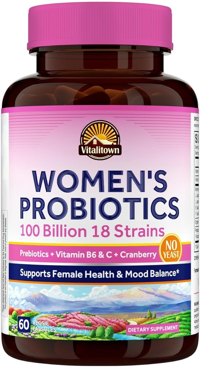 Vitalitown Women's Probiotics | 100 Billion CFUs 18 Strains | Prebiotics VC &amp B6 Cranberry | Shelf Stable | Vaginal Urinary Digestive &amp Mood Support | 60 Vegan Caps