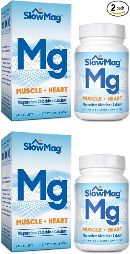 SlowMag Mg Muscle + Heart Supports Muscle Relaxation and Heart Health. Magnesium Chloride + Calcium Slow-Release Tablets Easy to Absorb and Gentle on the Stomach. 60 Count (Pack of 2)