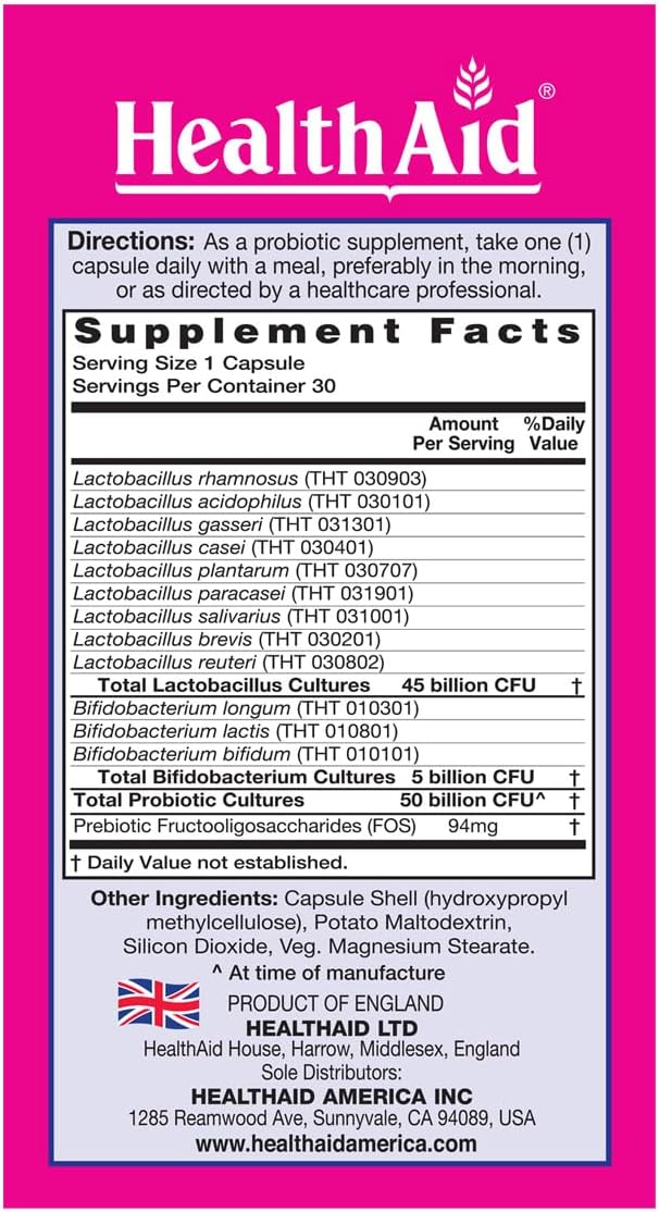 HealthAid FemProbio – Once-Daily Probiotic with Prebiotic Fiber | 50 Billion CFU | 30 Vegetarian Capsules | Acid &amp Bile Resistant Lactose Gluten &amp GMO-Free