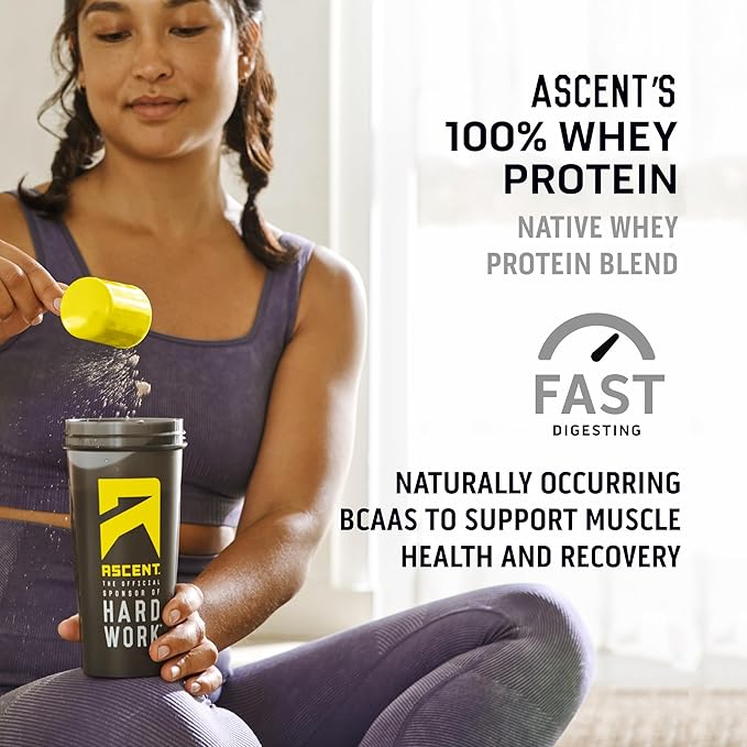 Ascent 100% Whey Protein Powder - Post Workout Whey Protein Isolate Zero Artificial Flavors &amp Sweeteners Gluten Free 5.5g BCAA 2.6g Leucine Essential Amino Acids Vanilla 1 lb