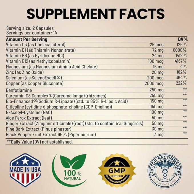 Lune Nerve Matrix™ Nerve Support Supplement – Daily Formula for Tingling Burning &amp Numbness in Feet &amp Hands – with R-ALA Curcumin B Complex Benfotiamine &amp Citicoline – 60 Capsules