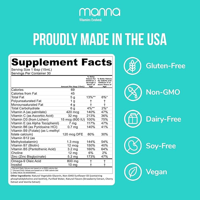 Manna Vitamins Evolved Liposomal Kids Multivitamin - Vitamin D3 &amp Vitamin A - Vitamin B12 &amp Vitamin C Supplement - Children's Liquid Multivitamin - Immune Support Supplement for Children