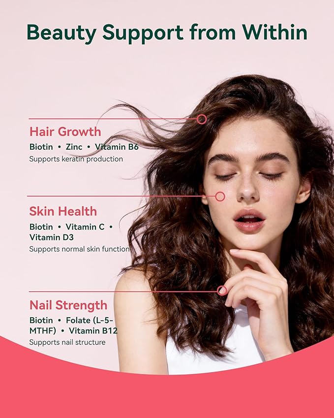 Biotin Gummies 10000 mcg – Hair Skin and Nails Support for Women &amp Men – with Vitamins C D3 B6 B12 &amp Folate – Mixed Berry Flavor Sugar Free 120 Count (2 Pack)