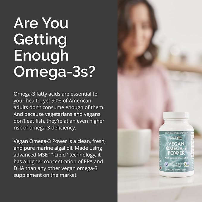 BRAINMD Dr Amen Vegan Omega-3 Power - 60 Plant-Based Softgels - 1100 mg of EPA &amp DHA - Supports Focus Memory &amp Heart Health - Vegan Gluten Free &amp Non-GMO - 30 Servings