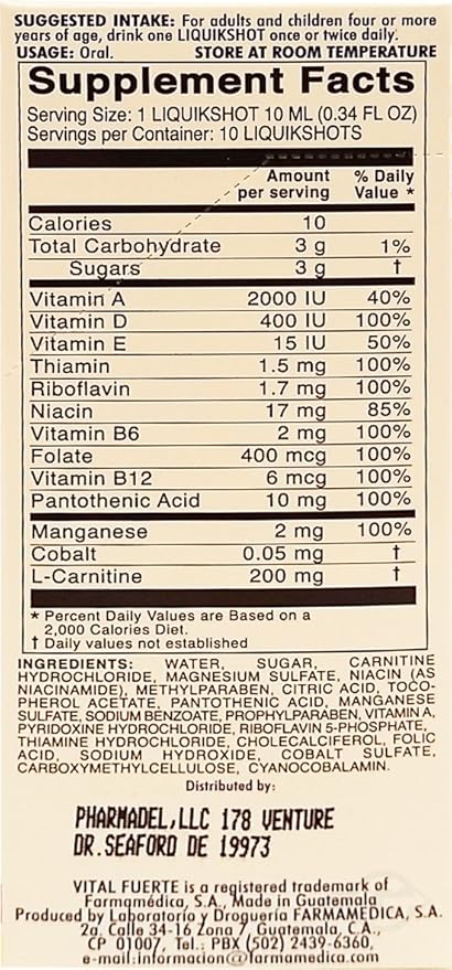 Vital Fuerte Liquid Shot Multivitamin &amp Mineral Supplement 10 Units of 15 ml. - Suplemento Multivita (Pack of 1)