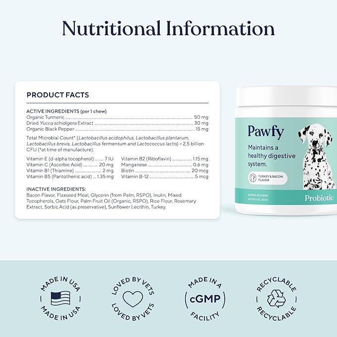Pawfy Probiotics for Dogs | Supports Digestive Health Diarrhea for Small Large Dogs | Improves Gut Health | Anti Yeast Supplements | Skin Health Seasonal Allergies Support - 30 Chews (Bacon)