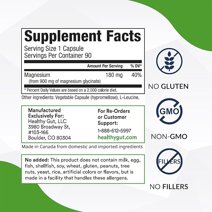 Healthy Gut Magnesium-HP | Ultra Pure Magnesium Glycinate Capsules with Zero Fillers | 180 mg Magnesium Glycinate | 90 Servings