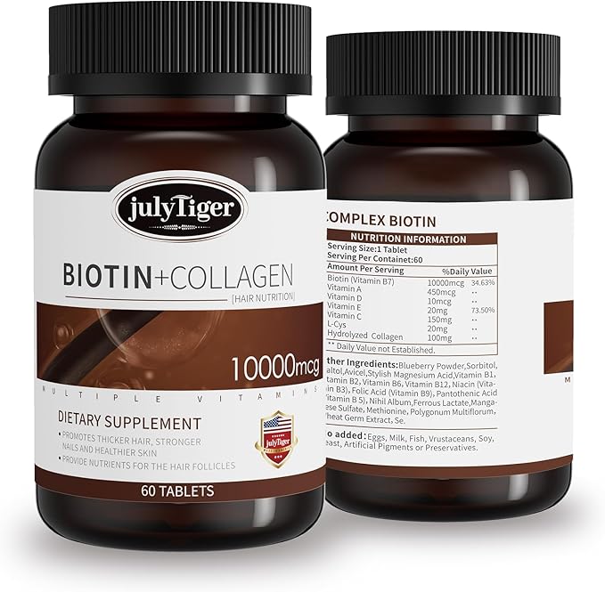 julytiger Biotin 10000mcg with Collagen Supplement Biotin (Vitamin B7) for Healthy Skin and Nailsbiotin Collagen peptide for Women and Men - Vegan Non-GMO Gluten &amp Soy-Free - 60 Tablets