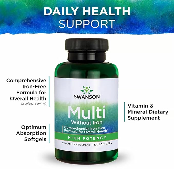 Swanson Multi Without Iron Daily Multivitamin for Adults Who Do Not Need Additional Iron - Complete Mineral and Vitamin Formula (120 Softgels 2 Pack)