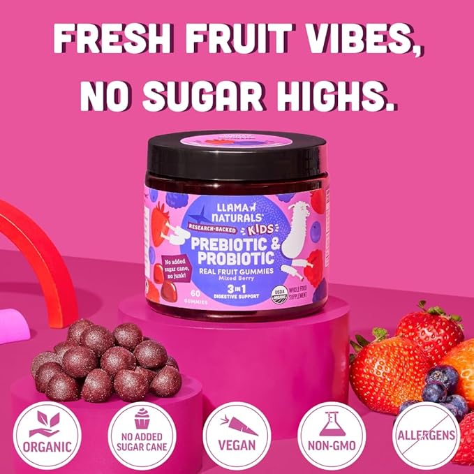 Llama Naturals Kids Pre &amp Probiotic Gummies + Adult Pre &amp Probiotics Bundle | No Added Sugar Cane | Vegan | Organic | Mixed Berry Flavor | 2 Bottles
