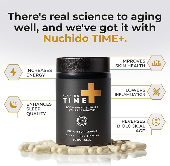 Nuchido Time+ NAD Supplement for Men &amp Women - Advanced Formula for Healthy Aging Energy Focus Cellular Health &amp Longevity - Nicotinamide Alpha Lipoic Acid Quercetin - 90 Capsules