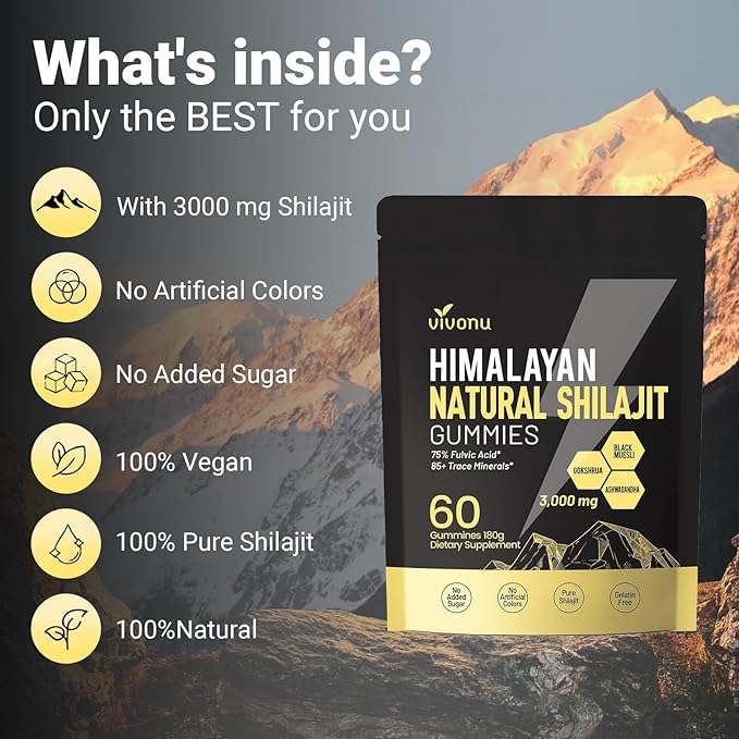 VivoNu Himalayan* Shilajit* Gummies with Ashwagandha* &amp Gokshura | 85+ Trace Minerals &amp Fulvic Acid | Organic Micronutrient Supplement for Men &amp Women-3000mg | 4000mg (3000 mg / 1 Packet