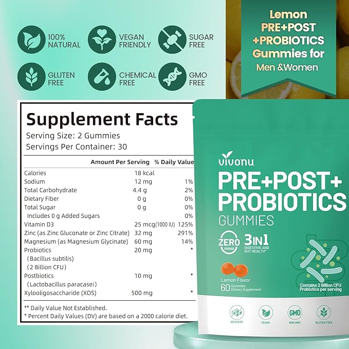 VivoNu Probiotics for Digestive Health Gummies 3 in 1 Intestinal Digestion Contains 2 Billion CFU Probiotic Zinc Magnesium and Vitamin D3 Men's Probiotics for Women Non GMO (120Gummy/2Pack)