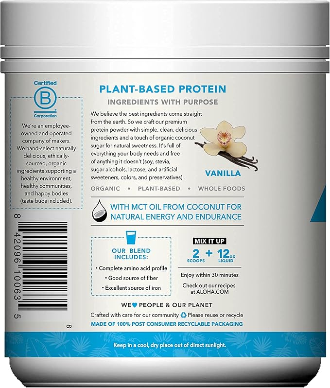 ALOHA Organic Plant Based Protein Powder Stevia Free Vanilla 19.6 oz 15 Servings PACKAGING MAY VARY