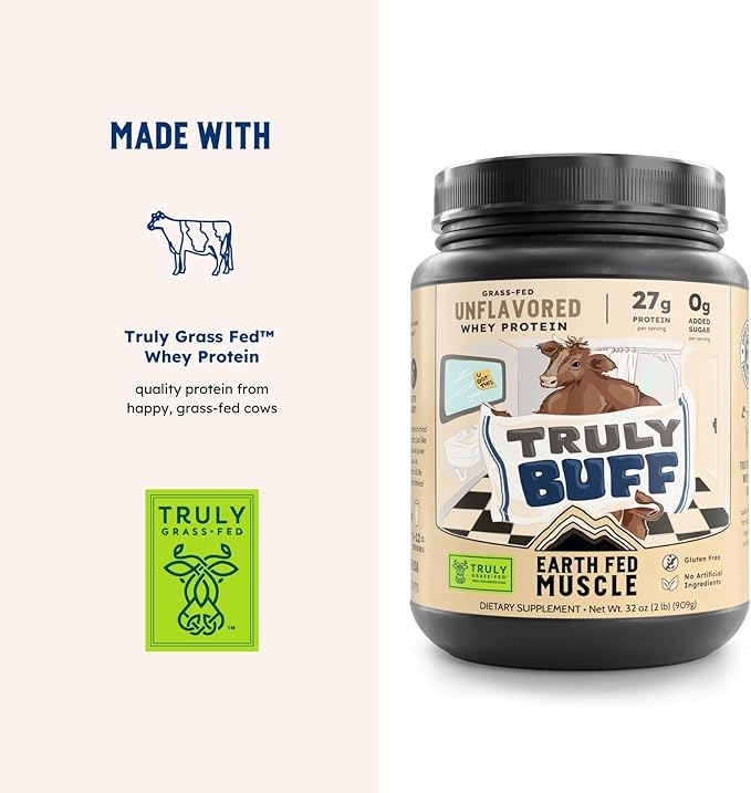 Earth Fed Muscle Truly Buff Truly Grass Fed Whey Protein Isolate - No Artificial Ingredients Soy Free Gluten Free Non-GMO and Hormone Free (2 Pound 30 Servings Unflavored)