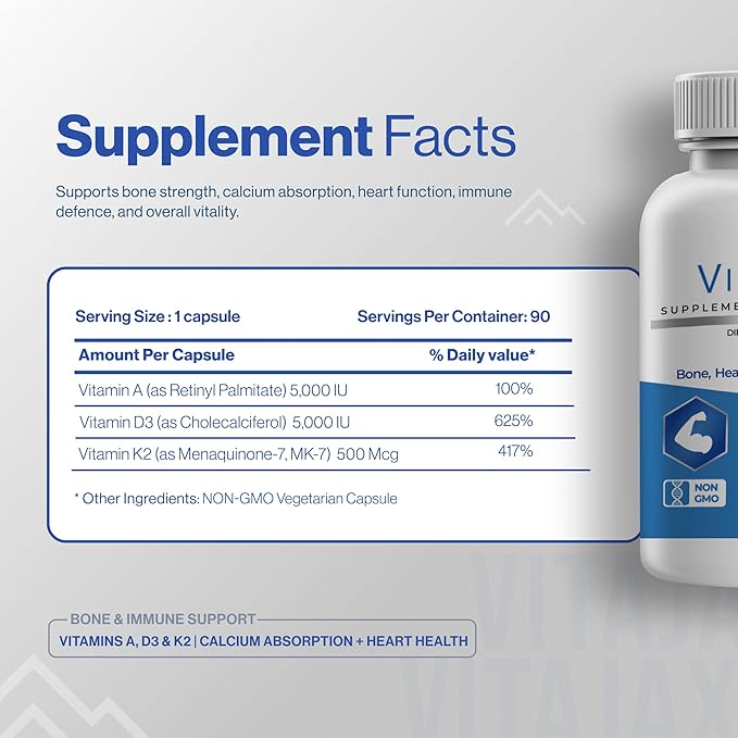 ADK - Vitamin ADK Supplement 180 Capsules - High Potency Vitamin A D3(5000 IU) K2 as MK-7 for Bone Heart &amp Calcium Absorption – Non-GMO Gluten Free (6 Month Supply) 2 Pack