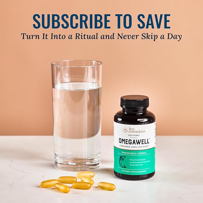 Live Conscious OmegaWell Omega 3 Fish Oil - 2000mg Capsules: Heart Brain &amp Joint Support - 800 mg EPA 600 mg DHA - Sustainably Sourced - Softgels - 30 Day Supply