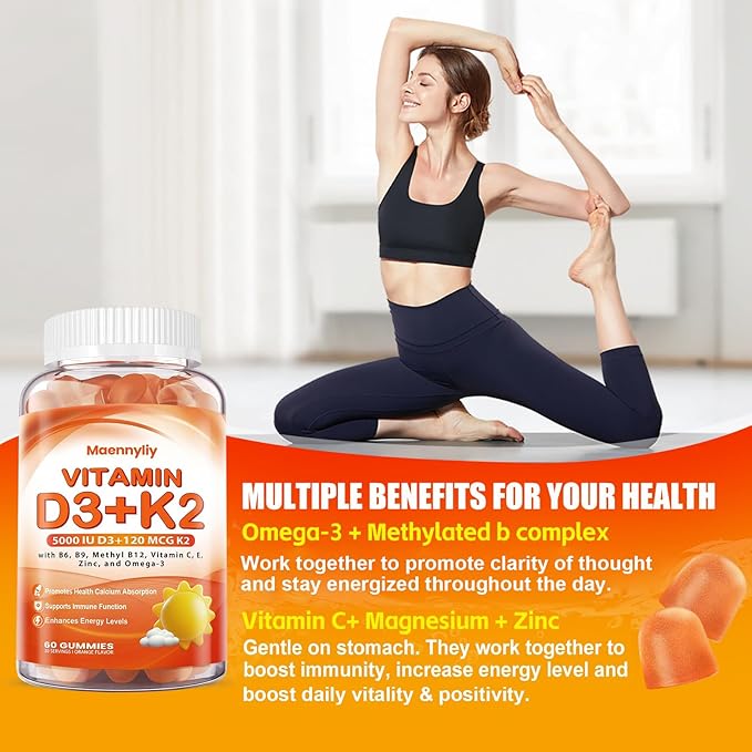 Vitamin D3 K2 Gummies for Adults - Vitamin D3 5000IU + K2 (MK-7) 120mcg - Sugar-Free D3 and K2 Supplements with Omega-3 Methyl B12 B9 B6 Vitamins E &amp Zinc - for Calcium Absorption &amp Immune