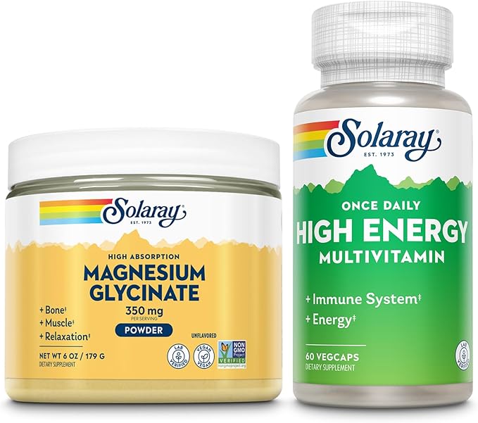 SOLARAY Magnesium Glycinate Powder 350mg and High Energy Multivitamin Bundle - Chelated Magnesium and Once Daily Multi - Bone Health Muscle Heart and Immune Support 60-Day Guarantee 6oz/60ct