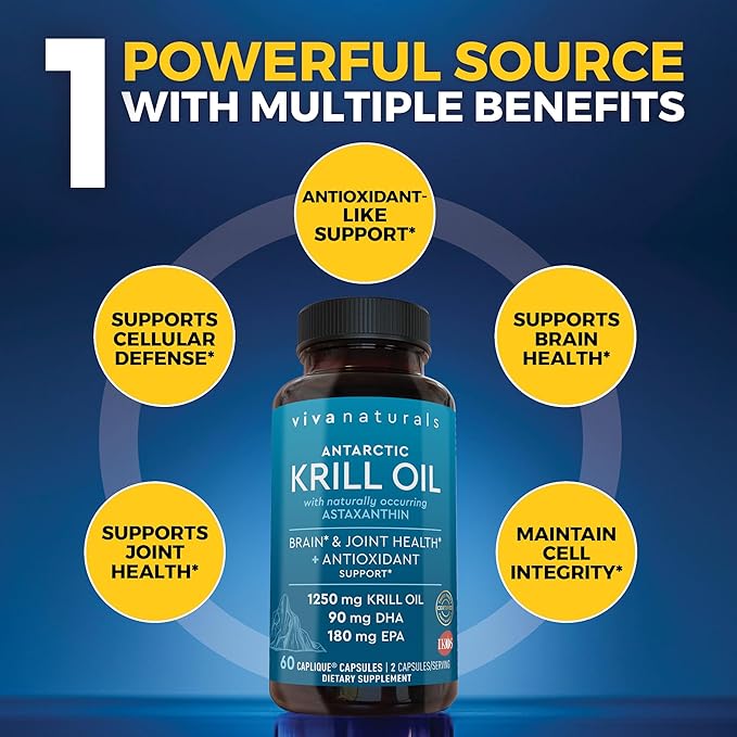 Viva Naturals Antarctic Krill Oil Omega 3 Supplements 1250 mg - DHA EPA Omega-3 &amp Astaxanthin Concentration for Joint Health No Fish Burp - 60 Krill Oil Capsules