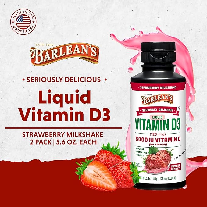 Barlean's Pack of 2 Vitamin D3 Liquid Supplement for Kids and Adults 5000 IU Vitamin D Strawberry Milkshake Non-GMO Gluten and Dairy Free 5.6 oz Each